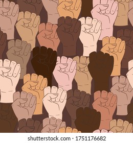 Vector seamless pattern with different ethnicity colors human fists. Hand drawn background with strong fists, anti-discrimination African people in USA, police violence. Stop racism, all lives matter.