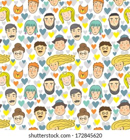 Vector seamless pattern with different faces and hearts on the white background 