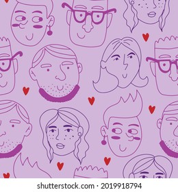 Vector seamless pattern with different faces of teenagers in purple coloring