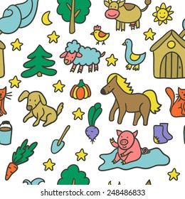 Vector seamless pattern with different farm elements: house, trees, vegetables, shovel, bucket, boots and domestic animals: sheep, cow, pig, horse, cat, dog, chicken,goose. Funny hand drawing texture.