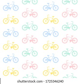 Vector seamless pattern of different flat cartoon pastel bicycle silhouette isolated on white background