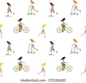 Vector seamless pattern of different flat cartoon women girls in medical mask riding bicycle skateboard and other activities isolated on white background