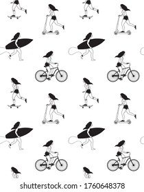 Vector seamless pattern of different flat outline girl woman with surf board skateboard and bicycle isolated on white background