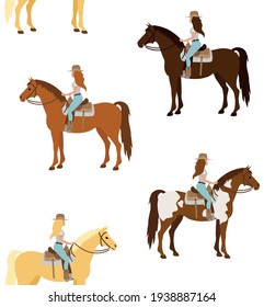 Vector seamless pattern of different flat cowboy woman girl riding western horse isolated on white background