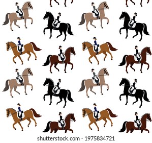 Vector seamless pattern of different flat cartoon woman girl riding dressage horse isolated on white background