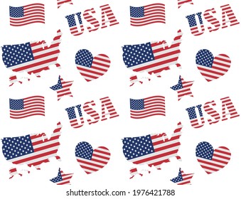 Vector seamless pattern of different flat American USA flag elements isolated on white background
