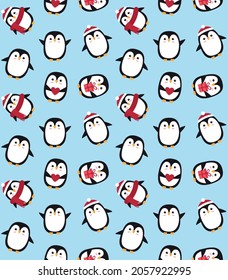 Vector seamless pattern of different flat cartoon penguin in hat and scarf isolated on blue background