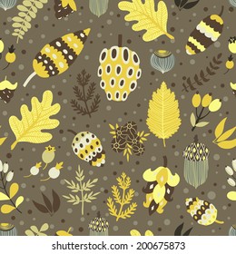 Vector seamless pattern with different floral elements: leaves, berries, branches, nuts, acorns and cones. Hand drawing autumn natural background