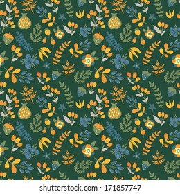 Vector seamless pattern with different florar elements on the dark green background