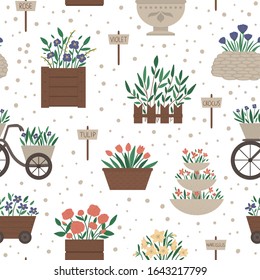 Vector seamless pattern with different flower beds. Garden repeating background with decorative flowerbeds and plants. Texture with spring herbs and flowers with sign plates