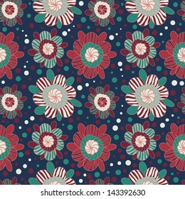 Vector seamless pattern with different flowers on the dark blue background