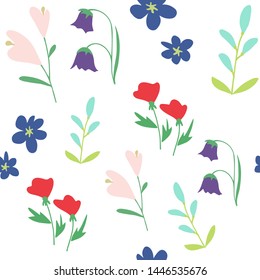Vector seamless pattern of different flowers in sipmle style on white background