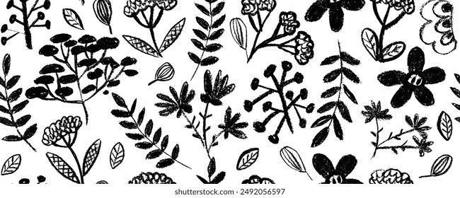 Vector seamless pattern with different  flowers . Hand drawn botanical ink illustration with floral motif. Camomile, peone or daisy painted by brush. Hand drawn black print for fabric, wrapping paper