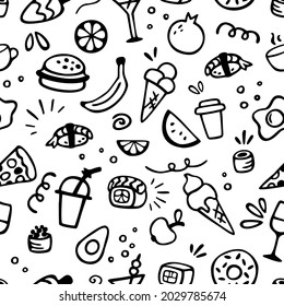 Vector seamless pattern with different food and drinks. Cute hand drawn design for wrapping paper, wallpaper, textile.