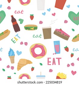 Vector seamless pattern with different food and drink.