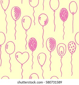 Vector seamless pattern with different freehand drawn cartoon balloons on yellow background