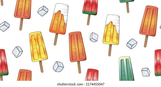 Vector seamless pattern with different fruit ice-creams and ices. Illustration for wrapping paper, packaging design, fabric, textile, cover, card, decoration. Summer holidays, hot weather concept.