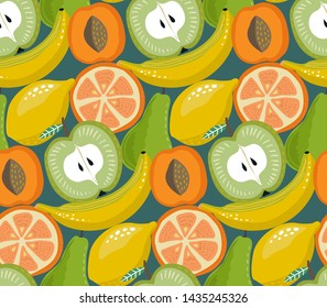 Vector seamless pattern with different fruits in flat simple style. Colorful fresh summer endless background for print, textile, wrapping paper
