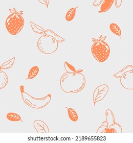 Vector seamless pattern of a different fruits and berries drawn in doodle style. Tasty and fresh apples, bananas and oranges.