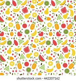 Vector seamless pattern with different fruits . Perfect for restaurant menu backdrop, healthy food concept, juice bar illustration. Vegetarian colorful texture. Great summer tile. Vector background.