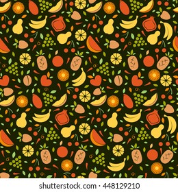 Vector seamless pattern with different fruits . Perfect for restaurant menu backdrop, healthy food concept, juice bar illustration. Vegetarian colorful texture. Great summer tile. Vector background.