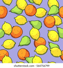 Vector seamless pattern with different fruits. Lemon, pear, mandarin, orange. Colorful vector illustration. 