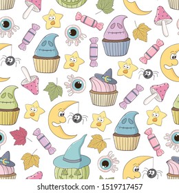 Vector seamless pattern with different funny objects, spider, bat, cake, moon, and web. Good for halloween packing, prints and textile production