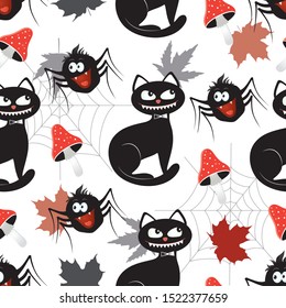 Vector seamless pattern with different funny objects mushroom, cat, spider, and web. Good for halloween packing, prints and textile production