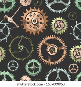 Vector seamless pattern with different gears and clockwork elements. illustration background in ink hand drawn style.