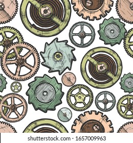 Vector seamless pattern with different gears and clockwork elements. illustration background in ink hand drawn style.