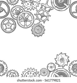 Vector seamless pattern with different gears and clockwork elements. illustration background in ink hand drawn style.