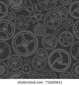 Vector seamless pattern with different gears and clockwork elements. illustration background in ink hand drawn style.