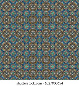 Vector seamless pattern with different geometrical shapes in brown, green and blue colors. Illustration with symmetrical design. Kaleidoscope backdrop.
