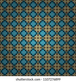 Vector seamless pattern with different geometrical shapes in yellow, black and blue colors. Illustration with symmetrical design. Kaleidoscope backdrop.