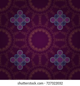 Vector seamless pattern with different geometrical shapes in orange, purple and neutral colors. Illustration with symmetrical design. Kaleidoscope backdrop.