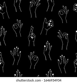 Vector seamless pattern of different gestures. Collection of female hands in different positions