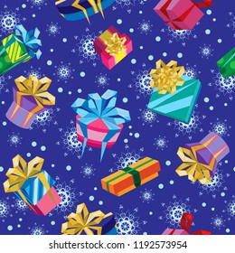 Vector seamless pattern. Different gift boxes with bows. Blue background with snowflakes and snow