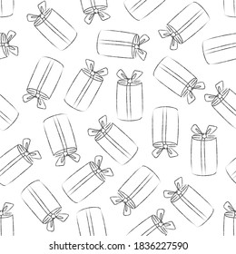 Vector seamless pattern with different gift boxes. Hand drawn elements. Background with holiday design. Freehand style. Doodle. Wallpaper, textiles, wrapping, card, print on clothes.