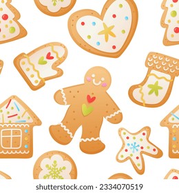 Vector seamless pattern with different gingerbreads in cartoon style. Christmas cookies isolated on white background