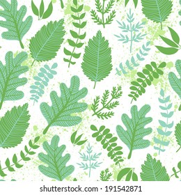 Vector seamless pattern with different green and blue leaves on the white background. Vintage natural backdrop