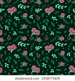 Vector seamless pattern with different greenery and flower. Perfect for Holiday and Birthday wrapping paper and textile