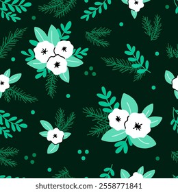 Vector seamless pattern with different greenery and flower. Perfect for Holiday and Birthday wrapping paper and textile