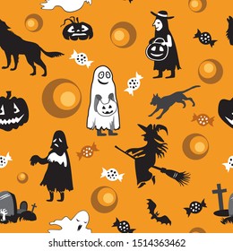 Vector seamless pattern with different Halloween icons (bat, witch, ghost, Grave, black cat, wolf, Cemetery, candy, pumpkin) on orange background, stock illustration