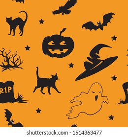 Vector seamless pattern with different Halloween icons (bat, owl, ghost, Grave, black cat, Witch's hat, Cemetery,stars ) on orange background, stock illustration