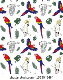 Vector seamless pattern of different hand drawn doodle sketch parrot and palm leaves isolated on white background