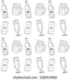 Vector seamless pattern of different hand drawn doodle sketch beer glasses and bottles isolated on white background