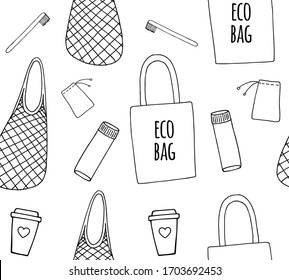 Vector seamless pattern of different hand drawn doodle sketch eco friendly zero waste shopping bags and accessories isolated on white background
