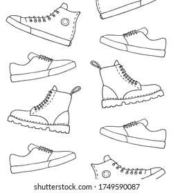 Vector seamless pattern of different hand drawn doodle sketch shoes isolated on white background