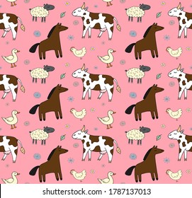 Vector seamless pattern of different hand drawn doodle sketch farm domestic animals isolated on pink background