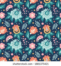 vector seamless pattern with different hand drawn flowers, leaves, berries on a blue background. pattern for printing on fabric, clothing, wrapping paper. background for websites and applications